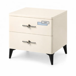 2-drawer bedside table in peach color with smooth-glide drawers and modern design