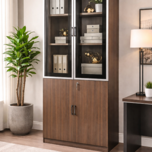 2-glass door office cabinet with wooden finish and tinted glass panels in a modern office setup