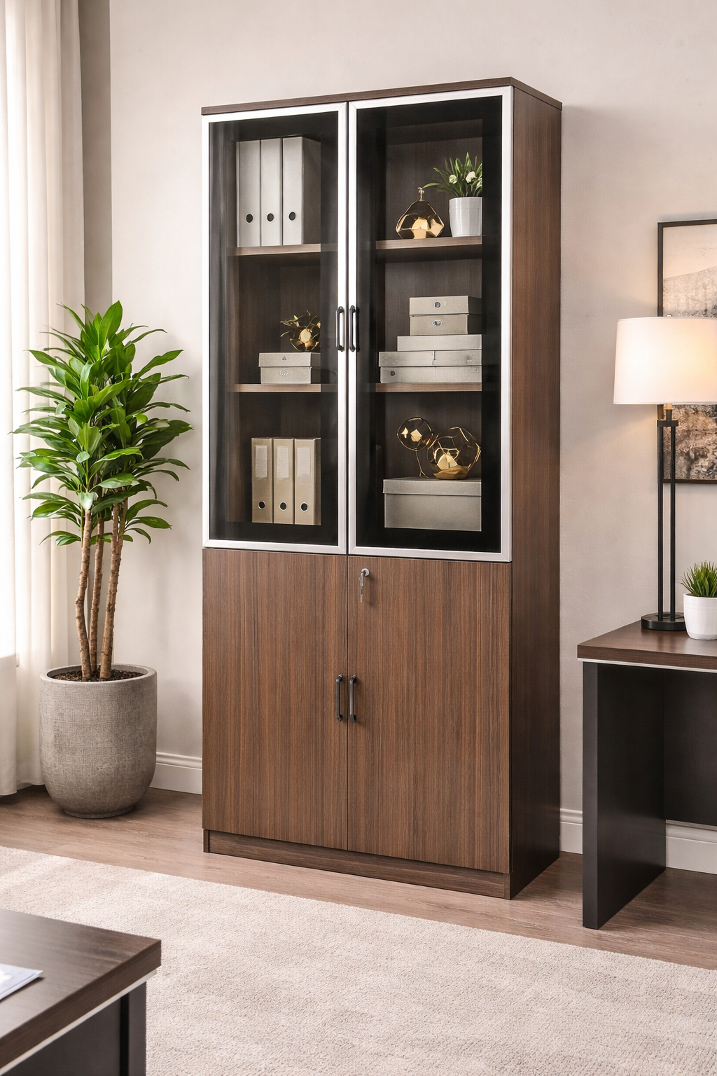 2-glass door office cabinet with wooden finish and tinted glass panels in a modern office setup