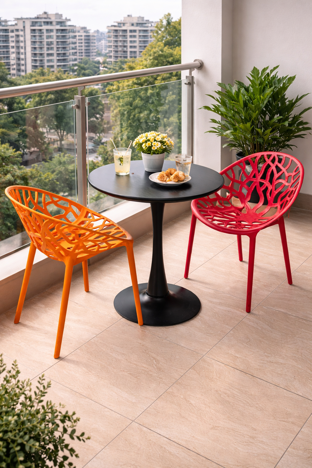 2-seater outdoor dining set with round black table and colorful modern chairs in a balcony setup.