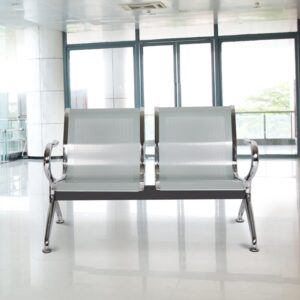 2-seater waiting bench with metal frame and non-cushioned seats for office or lobby