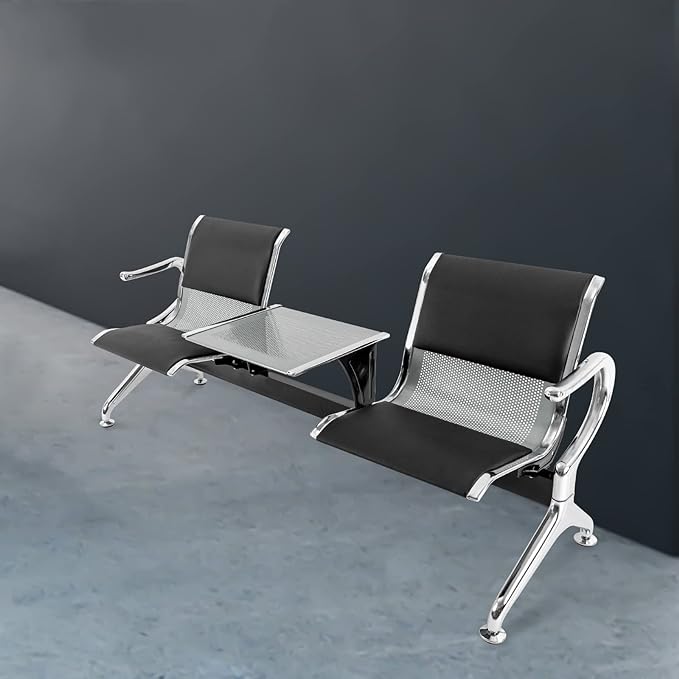 2-seater waiting bench with center table and sturdy metal frame for office reception and public waiting areas.