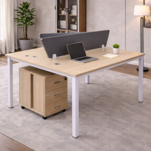 2-way office workstation desk with central divider and wooden top in a modern office setup