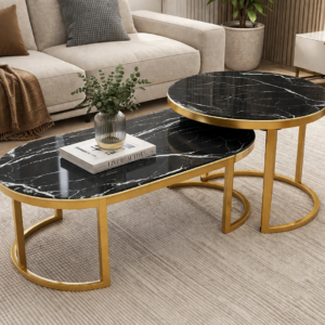 2-in-1 nesting coffee table with gold accents and marble top in a modern living room setup