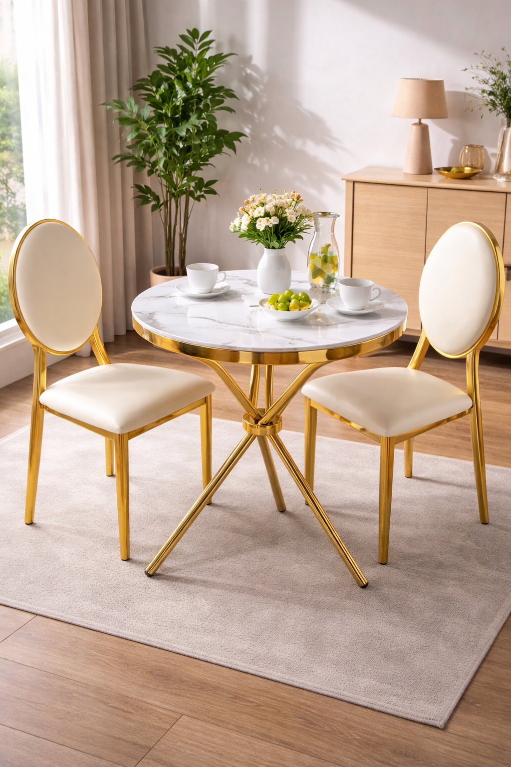 2-seater round marble top dining set with gold frame and upholstered chairs in a modern dining room setup