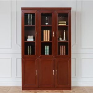3-door wooden storage cabinet with shelves and laminate finish for organized office and home storage.