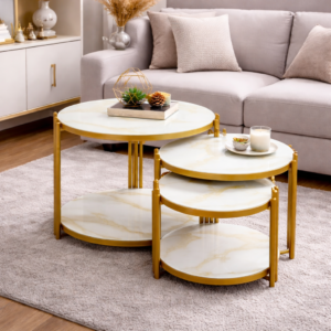 3-in-1 glass top nesting tables with metallic frame arranged in a modern living room setup