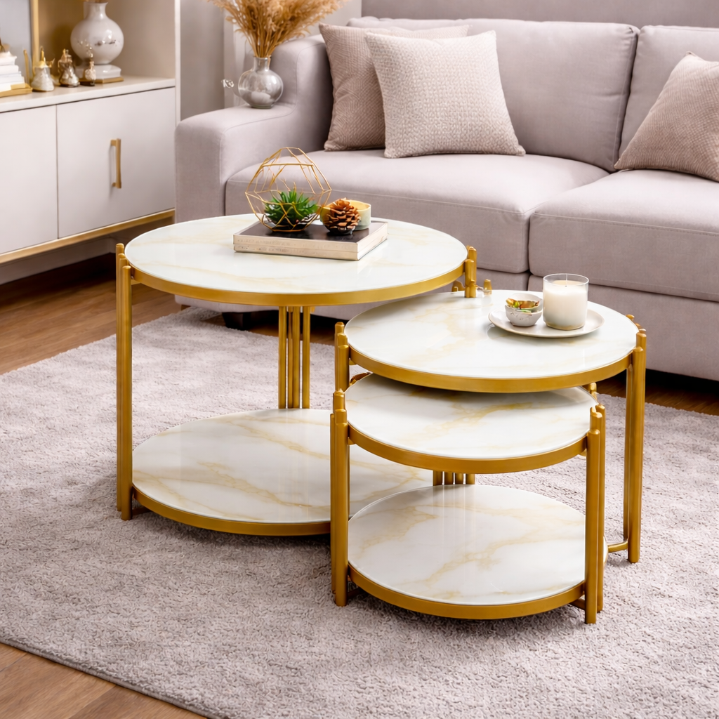 3-in-1 glass top nesting tables with metallic frame arranged in a modern living room setup