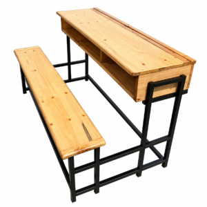 3-seater wooden school desk and bench set with metal frame and storage compartment