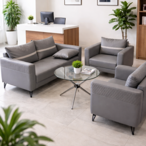4-seater modern office waiting sofa set with grey upholstery in a professional reception area