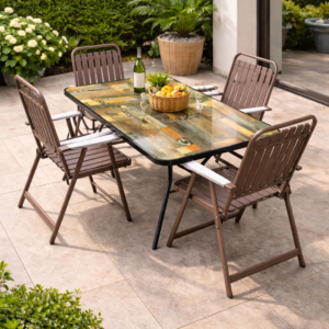 4-seater outdoor dining set with folding chairs and wood-look table on a modern patio garden setup