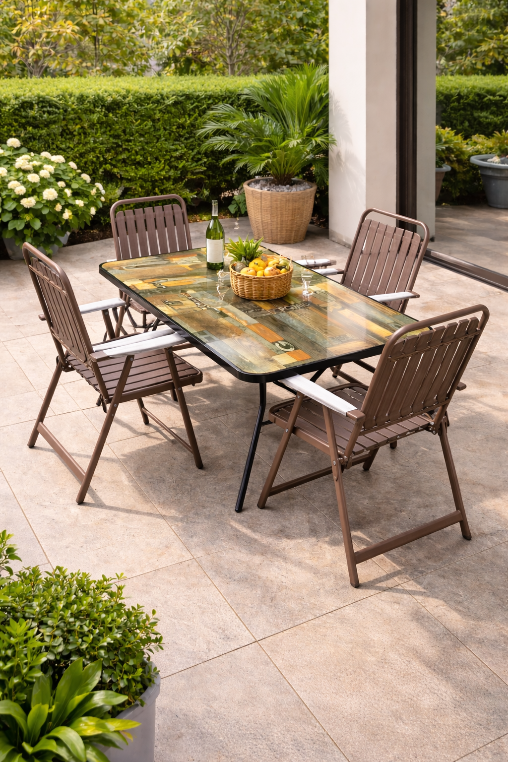 4-seater outdoor dining set with folding chairs and wood-look table on a modern patio garden setup