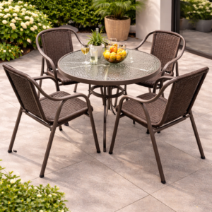 4-seater round glass top outdoor dining set with woven chairs arranged neatly in a modern patio garden setting