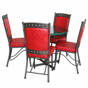 4-seater restaurant set with red cushioned chairs and black metal frame