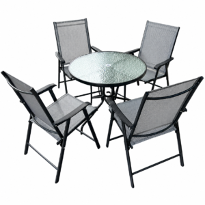 4-seater outdoor patio set with round glass table and foldable mesh chairs