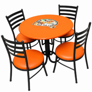 4-seater round restaurant dining set with table and cushioned chairs