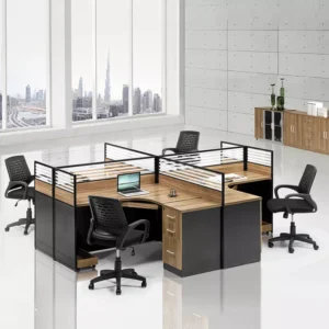 4-Way Curved Workstation desk designed for four people with partition panels for collaborative office work.