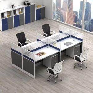 4-way straight office workstation with laminate desks and metal frame for collaborative workspace