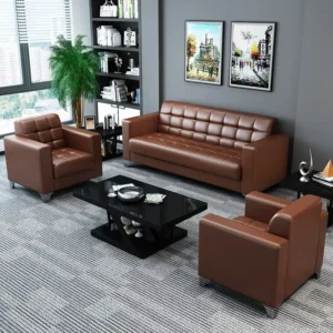 5-seater brown leather sofa with plush cushions and sturdy frame for living room or office lounge seating.