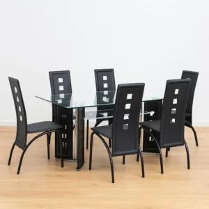 Modern 6-seater glass dining table set with high-back chairs in a stylish dining room