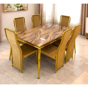 6-seater marble dining table with gold frame and upholstered chairs in a modern dining setup