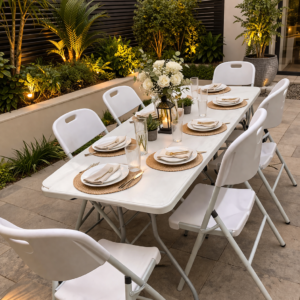 Elegant 6-seater outdoor dining set with modern table and chairs in a garden patio setup.