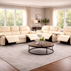 Executive Recliner Sofa in Off White with reclining seats and padded armrests