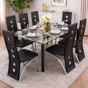 6-seater glass top dining table set with black high-back chairs and metallic legs in a modern dining room