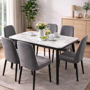 6-seater marble top dining table with grey upholstered chairs in a modern dining room setup