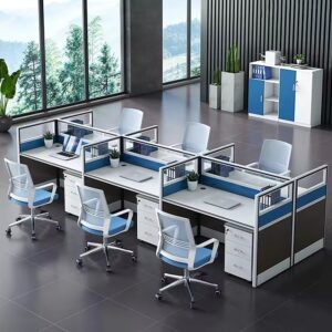 6-seater modular office workstation with laminate desks and metal frame, designed for collaborative office environments.