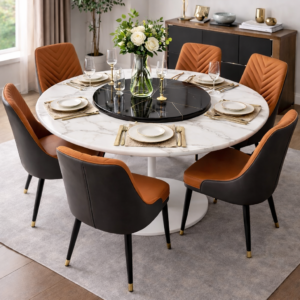 Modern 6-seater round marble top dining set with upholstered chairs and white circular base