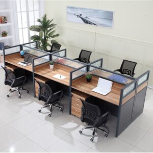 6-way modular office workstation with dividers and individual desk areas