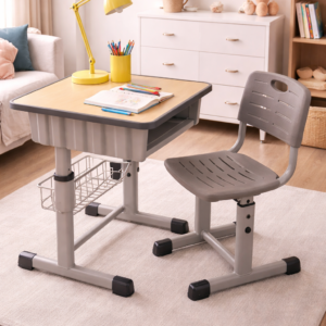 Adjustable kids study desk and chair set with ergonomic design and storage in a bright children’s room setup.