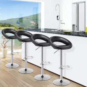 Black height-adjustable barstool with padded seat, footrest, and swivel for bars and kitchen counters.