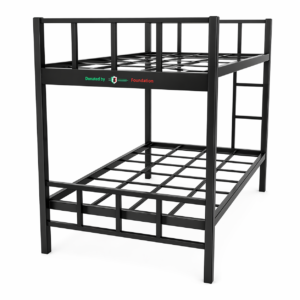 Black metal double decker bunk bed with ladder and guardrails
