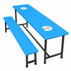 Blue cafeteria table with matching bench and black metal frame