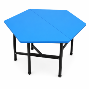 Blue hexagonal classroom table with a metallic frame