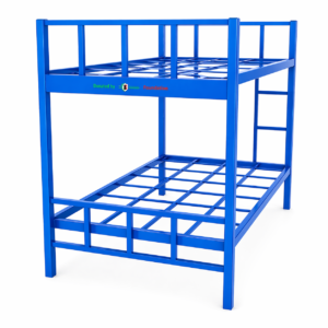 Blue metal double decker bunk bed with ladder and guardrails