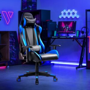 Blue Reclining Gaming Chair with adjustable backrest, lumbar support, and swivel base for gaming or office use.