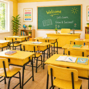 Yellow classroom desks and chairs arranged in a bright, modern learning environment with ergonomic design.