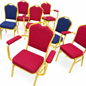 Brightly colored banquet and conference chairs with gold metal frames and cushioned seats