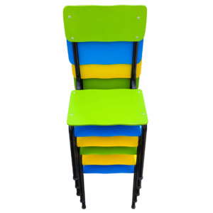 Brightly colored stackable school chairs with metal frame