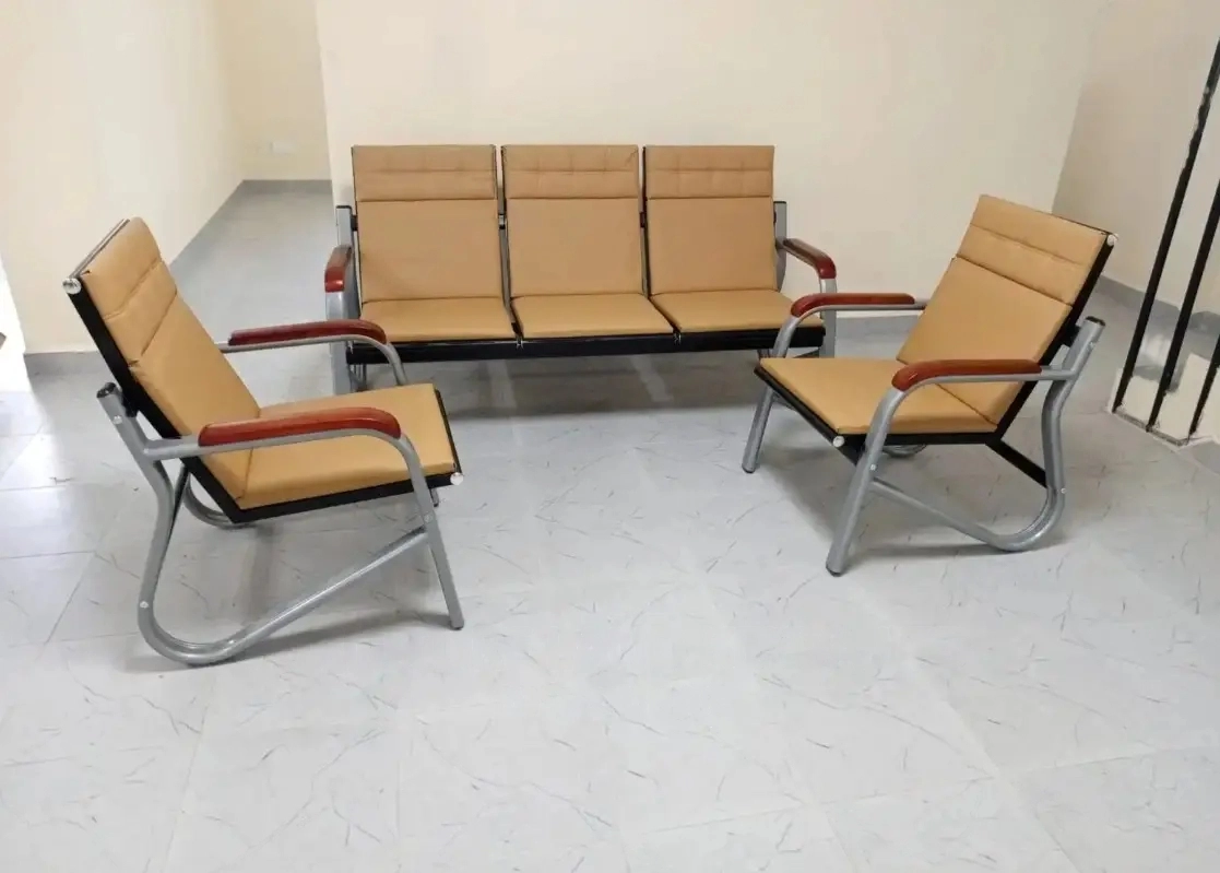 Brown 5-seater office reception sofa set with a three-seater and two single seats for waiting areas.