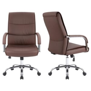 brown executive office seat with padded backrest, armrests, and adjustable swivel base for professional office use.