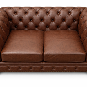 Brown leather Chesterfield 2 seater sofa with deep button tufting and rolled arms