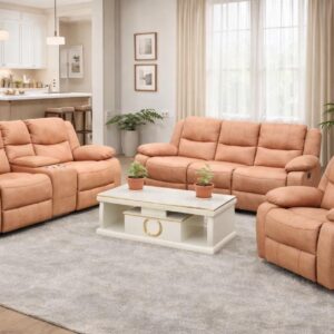 Burnt orange executive recliner sofa with plush high-density foam cushions and smooth reclining seats for modern living room comfort.