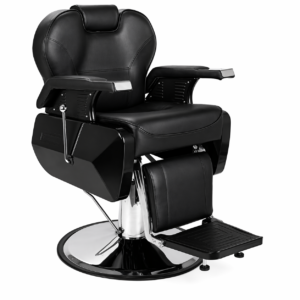 Black hydraulic reclining barber chair with leather cushioning and metal base