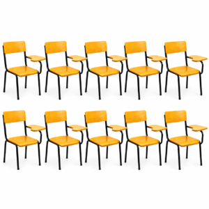 Classroom chairs with wooden writing tablets and metal frames