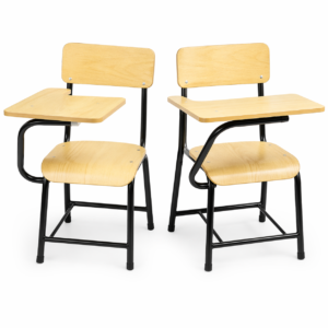 Minimalist classroom desk-chair set with wooden seat and attached writing desk