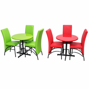Colorful bistro restaurant sets with round tables and matching chairs
